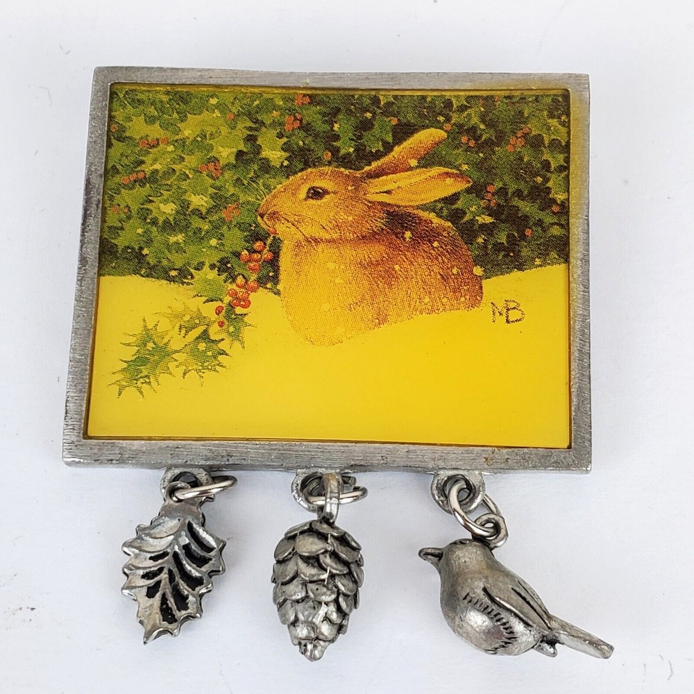 Vintage Signed Marjolein Bastin Enamel Lacquer Winter Holly Bunny Charm Brooch